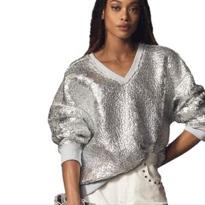 Anthropologie Metallic Silver V-Neck Sweater